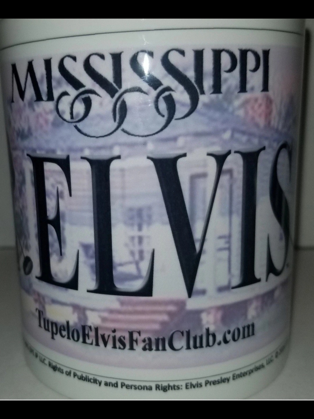 Mississippi Elvis Fan Club Ceramic Mug - White with Black and Lavender Accents